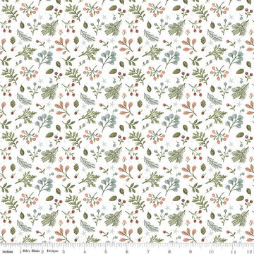 Image of the Magical Winterland Foliage Snow quilting cotton fabric by Riley Blake Designs. Features a quilt design with leaves, berries, sprigs, and stars on a 
white background. 
Cute Little Fabric Shop