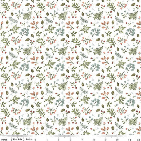 Image of the Magical Winterland Foliage Snow quilting cotton fabric by Riley Blake Designs. Features a quilt design with leaves, berries, sprigs, and stars on a 
white background. 
Cute Little Fabric Shop