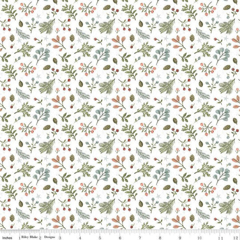 Image of the Magical Winterland Foliage Snow quilting cotton fabric by Riley Blake Designs. Features a quilt design with leaves, berries, sprigs, and stars on a 
white background. 
Cute Little Fabric Shop