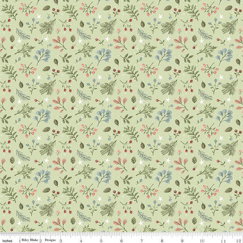 Image of the Magical Winterland Foliage Green quilting cotton fabric by Riley Blake Designs. Features a quilt design with leaves, berries, sprigs, and stars on a 
green background. 
Cute Little Fabric Shop