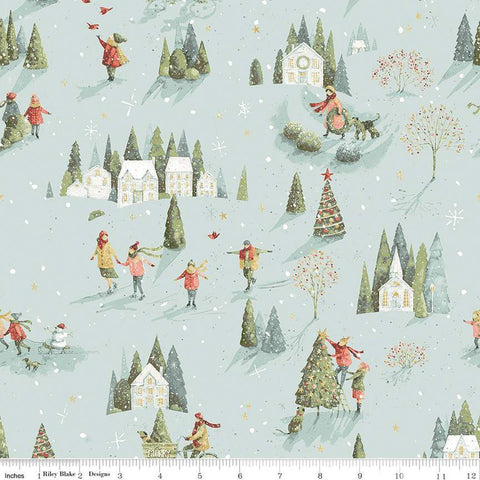 Image of the Magical Winterland Winter Scene Blue quilting cotton fabric by Riley Blake Designs. Features trees, snow, buildings, and people on a light blue background. 
Cute Little Fabric Shop