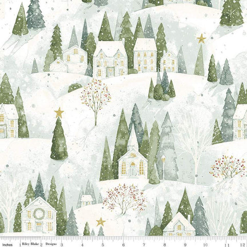 Image of the Magical Winterland Home Sweet Home Main Snow quilting cotton fabric by Riley Blake Designs. Features houses, trees, and snowflakes on a white background. 
Cute Little Fabric Shop