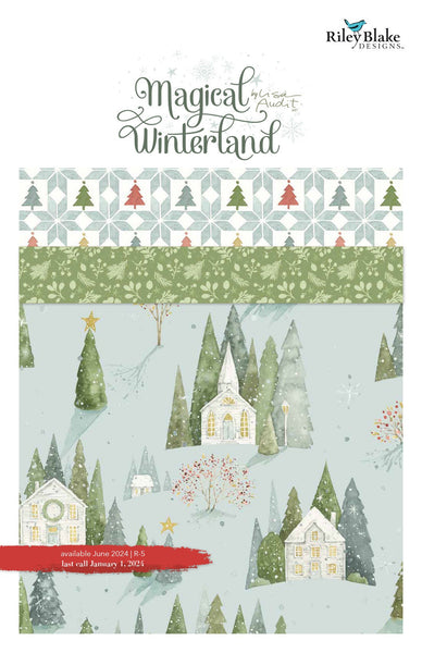 Picture of the Magical Winterland Storyboard by Riley Blake Designs. Features the main blue fabric with coordinating white and green quilting cotton fabrics. 
Cute Little Fabric Shop