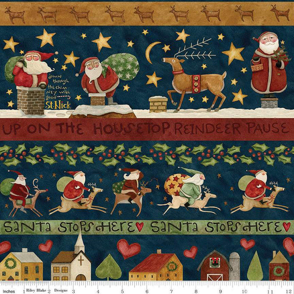 Image of the Up on the Housetop Border Stripe Midnight quilting cotton fabric by Riley Blake Designs. Features reindeer, Santa, presents, hearts, holly, stars, and more on a navy blue striped border background. 
Cute Little Fabric Shop