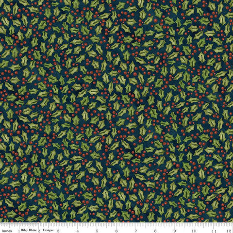 Image of the Up on the Housetop Holly Midnight quilting cotton fabric by Riley Blake Designs. Features tossed holly and berries on a dark navy background. 
Cute Little Fabric Shop