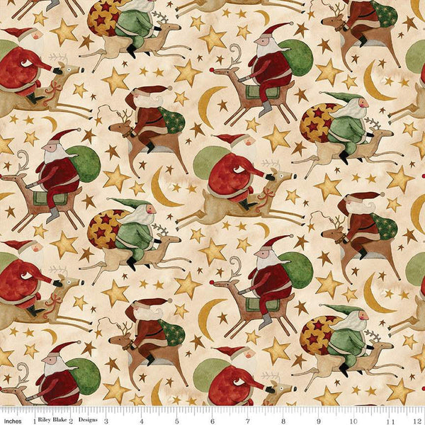 Image of the Up on the Housetop Santa Rides Snowflake quilting cotton fabric by Riley Blake Designs. Features Santas riding reindeer with a background of stars and moons on a cream background. 
Cute Little Fabric Shop