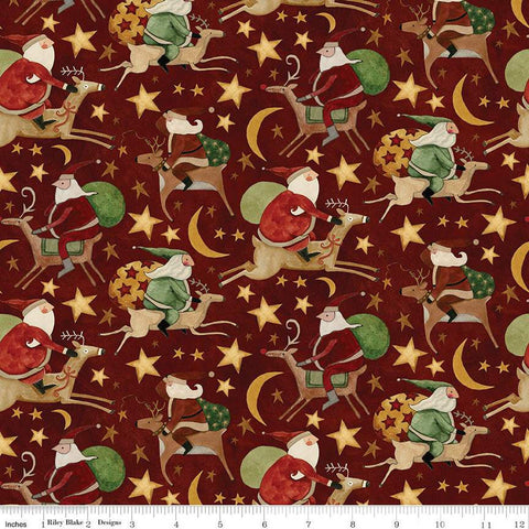 Image of the Up on the Housetop Santa Rides Cranberry quilting cotton fabric by Riley Blake Designs. Features Santas riding reindeer with a background of stars and moons on a dark red background. 
Cute Little Fabric Shop