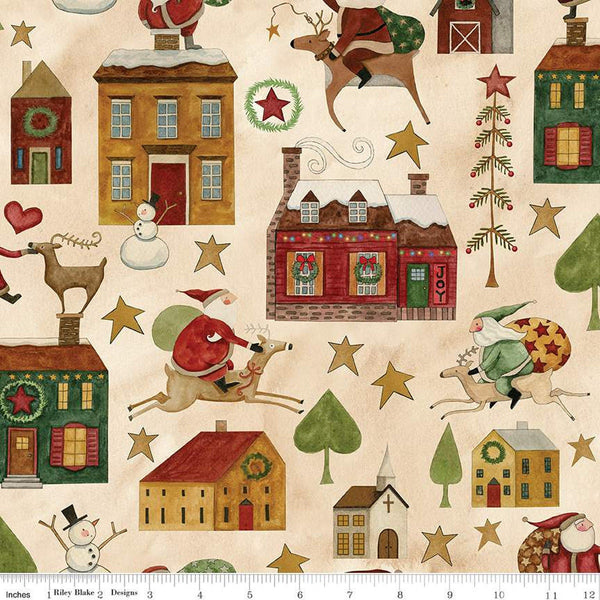 Image of the Up on the Housetop Main Snowflake quilting cotton fabric by Riley Blake Designs. Features Santa, houses, barns, reindeer, stars, and other Christmas-themed icons on a cream background. 
Cute Little Fabric Shop