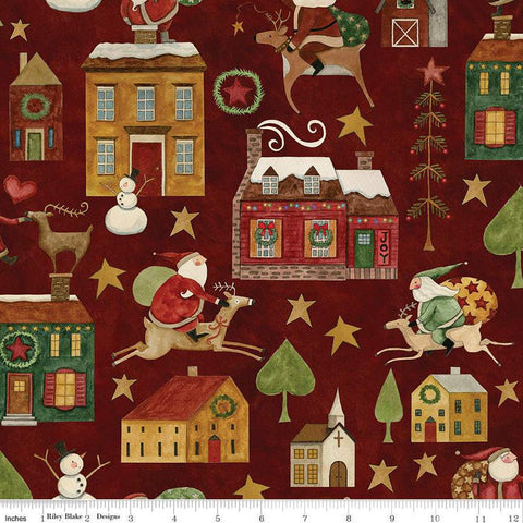 Image of the Up on the Housetop Main Cranberry quilting cotton fabric by Riley Blake Designs. Features Santa, houses, barns, reindeer, stars, and other Christmas-themed icons on a dark red background. 
Cute Little Fabric Shop