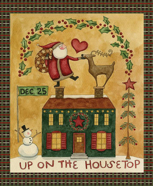 Image of Up on the Housetop Panel by Riley Blake Designs. This features Santa, houses, reindeer, stars, and other Christmas-themed icons on a yellow cream background. 
Cute Little Fabric Shop