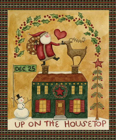 Image of Up on the Housetop Panel by Riley Blake Designs. This features Santa, houses, reindeer, stars, and other Christmas-themed icons on a yellow cream background. 
Cute Little Fabric Shop