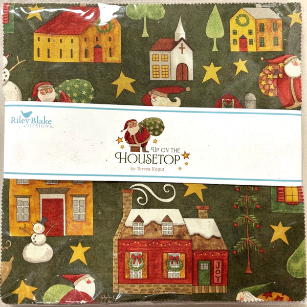 Image of the Up on the Housetop 10 inch stacker from Riley Blake Designs. Features the main dark green fabric on the top. 
Cute Little Fabric Shop