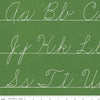 Image of the Old School Penmanship Green quilting cotton fabric by J. Wecker Frisch for Riley Blake Designs. Features white cursive letters on white lined paper with a green background. 
Cute Little Fabric Shop