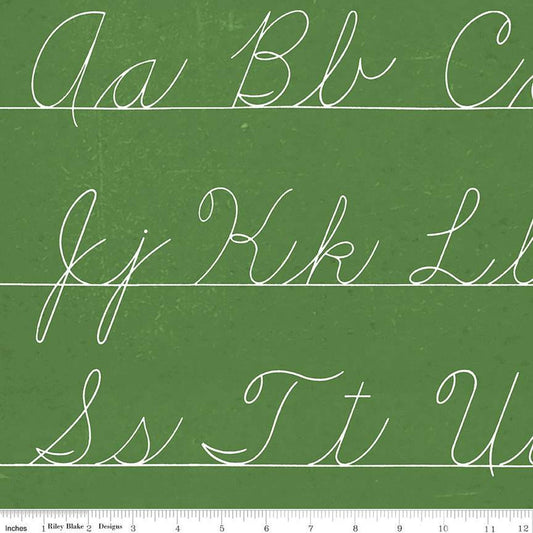 Image of the Old School Penmanship Green quilting cotton fabric by J. Wecker Frisch for Riley Blake Designs. Features white cursive letters on white lined paper with a green background. 
Cute Little Fabric Shop