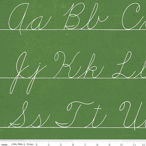 Image of the Old School Penmanship Green quilting cotton fabric by J. Wecker Frisch for Riley Blake Designs. Features white cursive letters on white lined paper with a green background. 
Cute Little Fabric Shop