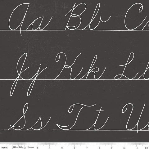 Image of the Old School Penmanship Charcoal quilting cotton fabric by J. Wecker Frisch for Riley Blake Designs. Features white cursive letters on white lined paper with a dark grey background. 
Cute Little Fabric Shop