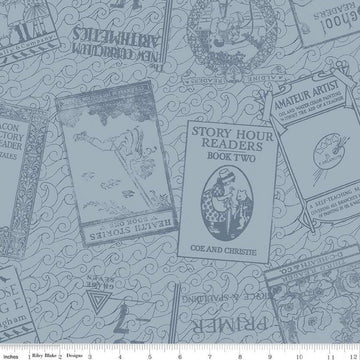 Image of the Old School Bookworm Blue quilting cotton fabric by J. Wecker Frisch for Riley Blake Designs. Features tone-on-tone book covers on a swirled blue background. 
Cute Little Fabric Shop