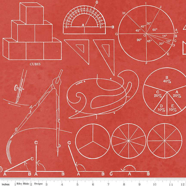 Image of the Old School Math Graphs Red quilting cotton fabric by J. Wecker Frisch for Riley Blake Designs. Features white illustrations of math graphs such as pie charts, angles, cubes, and more on a red background. 
Cute Little Fabric Shop