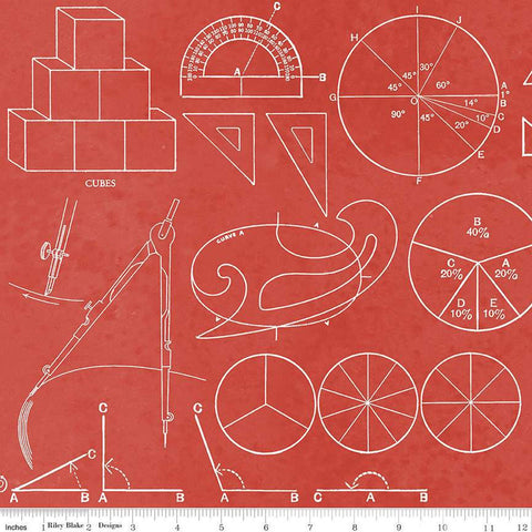 Image of the Old School Math Graphs Red quilting cotton fabric by J. Wecker Frisch for Riley Blake Designs. Features white illustrations of math graphs such as pie charts, angles, cubes, and more on a red background. 
Cute Little Fabric Shop