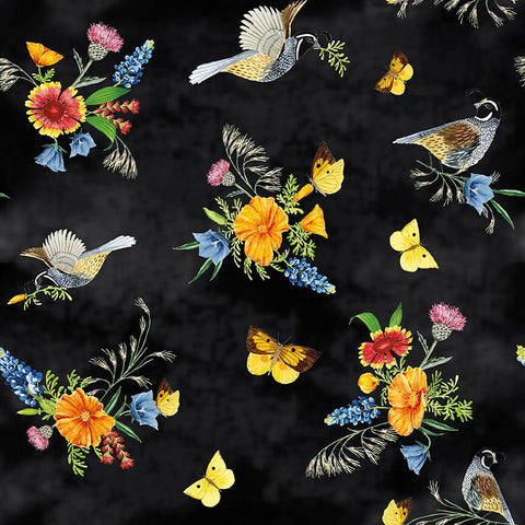 Fat Quarter End of Bolt - SALE Golden Poppies Main C11800 Black - Riley Blake - Flowers Birds Quail Butterflies - Quilting Cotton Fabric