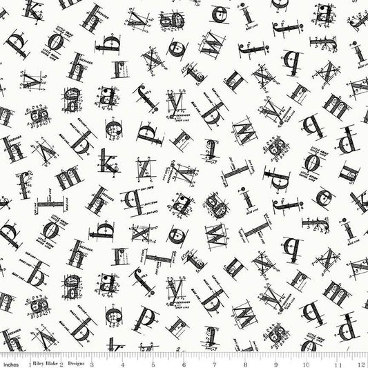 Image of the Old School Tossed Letters White quilting cotton fabric by J. Wecker Frisch for Riley Blake Designs. Features black vintage letters tossed on a white background. 
Cute Little Fabric Shop
