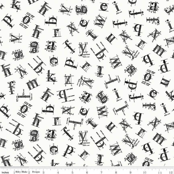 Image of the Old School Tossed Letters White quilting cotton fabric by J. Wecker Frisch for Riley Blake Designs. Features black vintage letters tossed on a white background. 
Cute Little Fabric Shop