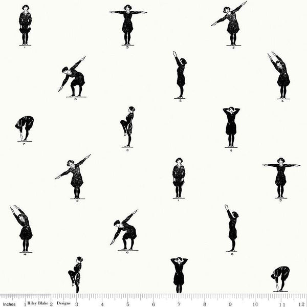 Image of the Old School Gym Class White quilting cotton fabric by J. Wecker Frisch for Riley Blake Designs. Features people stretching illustrated in black on a white background. 
Cute Little Fabric Shop