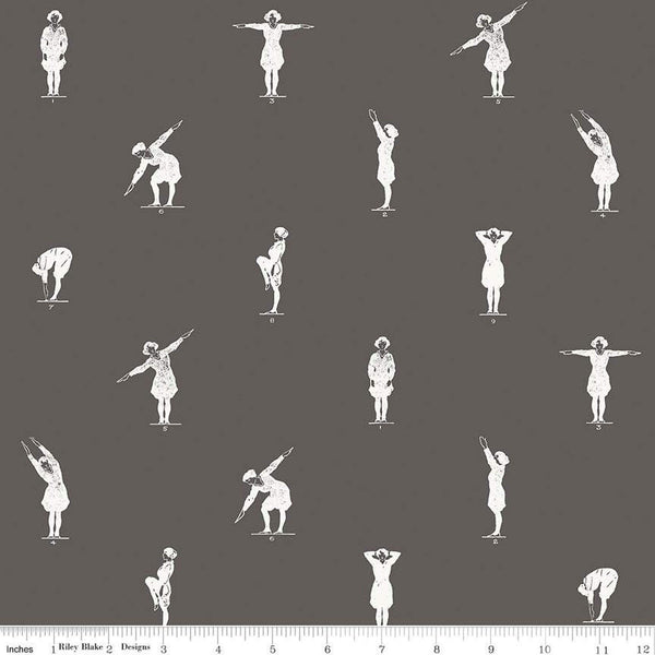 Image of the Old School Gym Class Charcoal quilting cotton fabric by J. Wecker Frisch for Riley Blake Designs. Features people stretching illustrated in white on a charcoal background. 
Cute Little Fabric Shop