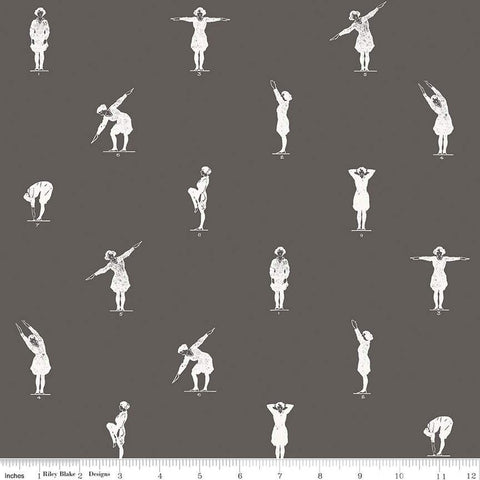 Image of the Old School Gym Class Charcoal quilting cotton fabric by J. Wecker Frisch for Riley Blake Designs. Features people stretching illustrated in white on a charcoal background. 
Cute Little Fabric Shop