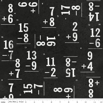 Image of the Old School Flash Cards Black quilting cotton fabric by J. Wecker Frisch for Riley Blake Designs. Features white math equations scattered on a black background. 
Cute Little Fabric Shop