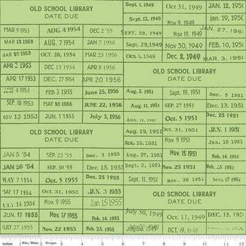 Image of the Old School Library Card Green quilting cotton fabric by J. Wecker Frisch for Riley Blake Designs. Features dark green library due dates on a green background. 
Cute Little Fabric Shop