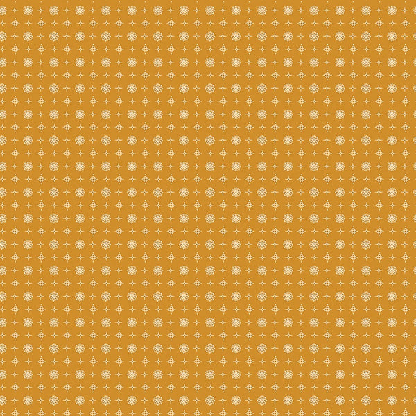 Image of the Prim Vintage Butterscotch quilting cotton fabric by Lori Holt for Riley Blake Designs. Features geometric patterns on a gold background. 
Cute Little Fabric Shop