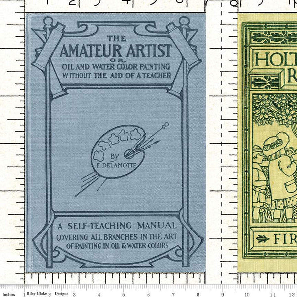 Image of the Old School School Books White quilting cotton fabric by J. Wecker Frisch for Riley Blake Designs. Features  vintage book covers and ruler markings on a white background. 
Cute Little Fabric Shop