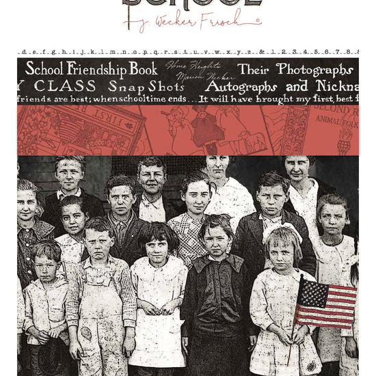 Image of the storyboard from the Old School collection by Riley Blake Designs. Features an image of children on fabric with red and black fabric above it. 
Cute Little Fabric Shop