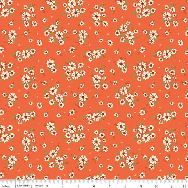 Image of the Autumn Afternoon Daisies Autumn quilting cotton fabric by Heather Peterson for Riley Blake Designs. Features clusters of white flowers with green leaves on an orange background. 
Cute Little Fabric Shop