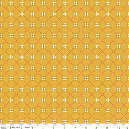 Image of the Autumn Afternoon Crosshatch Yellow quilting cotton fabric by Heather Peterson for Riley Blake Designs. Features a lattice design with clusters of flowers at the intersections on a yellow background. 
Cute Little Fabric Shop