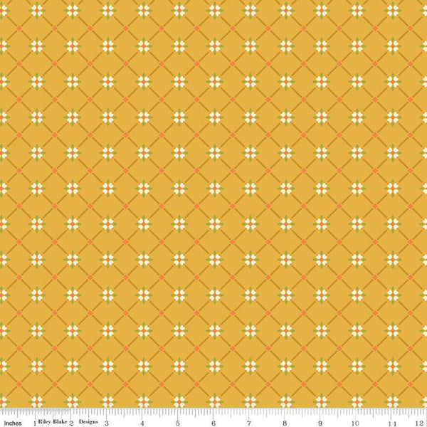 Image of the Autumn Afternoon Crosshatch Yellow quilting cotton fabric by Heather Peterson for Riley Blake Designs. Features a lattice design with clusters of flowers at the intersections on a yellow background. 
Cute Little Fabric Shop