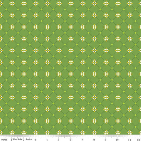 Image of the Autumn Afternoon Crosshatch Green quilting cotton fabric by Heather Peterson for Riley Blake Designs. Features a lattice design with clusters of flowers at the intersections on a green background. 
Cute Little Fabric Shop