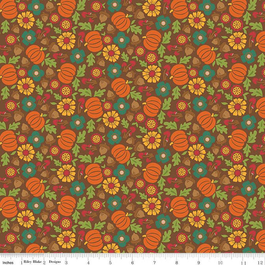 Image of the Autumn Afternoon Pumpkins Brown quilting cotton fabric by Heather Peterson for Riley Blake Designs. Features flowers, pumpkins, mushrooms, leaves, and acorns on a brown background. 
Cute Little Fabric Shop