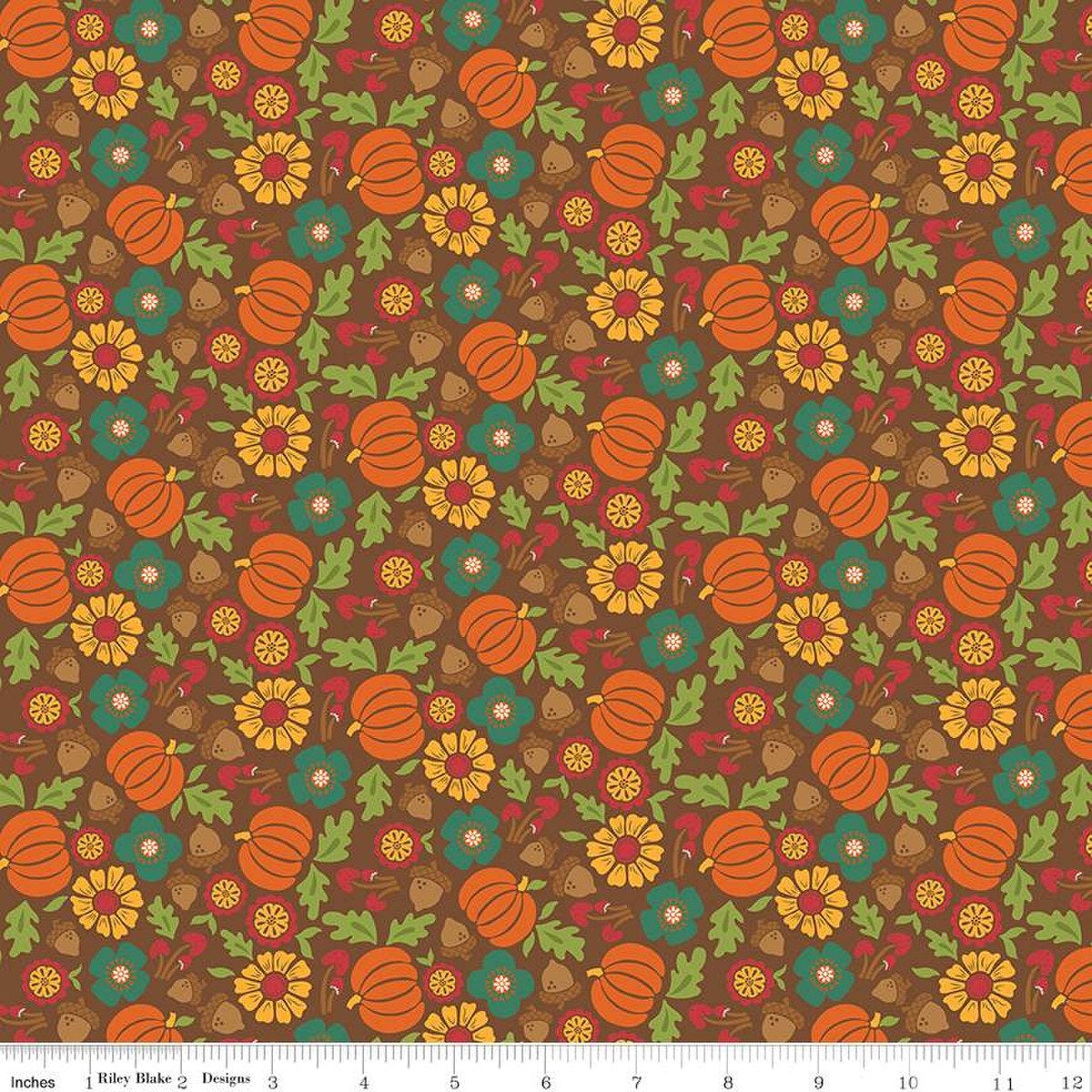 Image of the Autumn Afternoon Pumpkins Brown quilting cotton fabric by Heather Peterson for Riley Blake Designs. Features flowers, pumpkins, mushrooms, leaves, and acorns on a brown background. 
Cute Little Fabric Shop