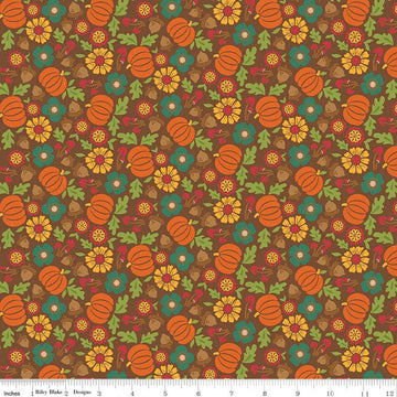Image of the Autumn Afternoon Pumpkins Brown quilting cotton fabric by Heather Peterson for Riley Blake Designs. Features flowers, pumpkins, mushrooms, leaves, and acorns on a brown background. 
Cute Little Fabric Shop