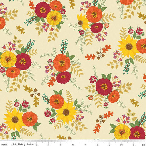 Image of the Autumn Afternoon Main Cream quilting cotton fabric by Heather Peterson for Riley Blake Designs. Features clusters of flowers and leaves and sprigs of oak leaves and acorns on a cream background. 
Cute Little Fabric Shop