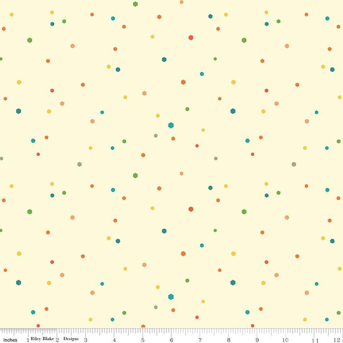 Image of the Autumn Afternoon Hexi Dots Cream quilting cotton fabric by Heather Peterson for Riley Blake Designs. Features multicolored hexagon polka dots on a cream off white background. 
Cute Little Fabric Shop