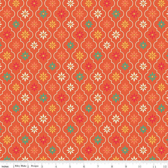 Image of the Autumn Afternoon Moroccan Tile Autumn quilting cotton fabric by Heather Peterson for Riley Blake Designs. Features a damask design with daisies on an orange background. 
Cute Little Fabric Shop