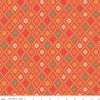 Image of the Autumn Afternoon Moroccan Tile Autumn quilting cotton fabric by Heather Peterson for Riley Blake Designs. Features a damask design with daisies on an orange background. 
Cute Little Fabric Shop