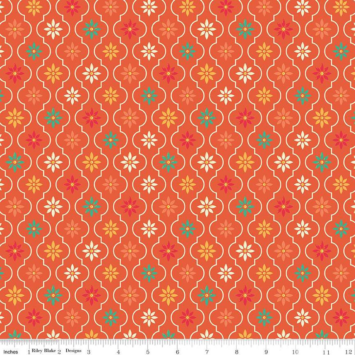Image of the Autumn Afternoon Moroccan Tile Autumn quilting cotton fabric by Heather Peterson for Riley Blake Designs. Features a damask design with daisies on an orange background. 
Cute Little Fabric Shop