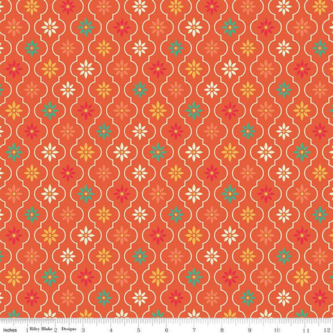 Image of the Autumn Afternoon Moroccan Tile Autumn quilting cotton fabric by Heather Peterson for Riley Blake Designs. Features a damask design with daisies on an orange background. 
Cute Little Fabric Shop