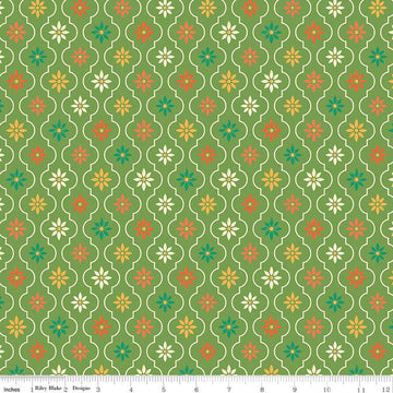 Image of the Autumn Afternoon Moroccan Tile Green quilting cotton fabric by Heather Peterson for Riley Blake Designs. Features a damask design with daisies on a green background. 
Cute Little Fabric Shop