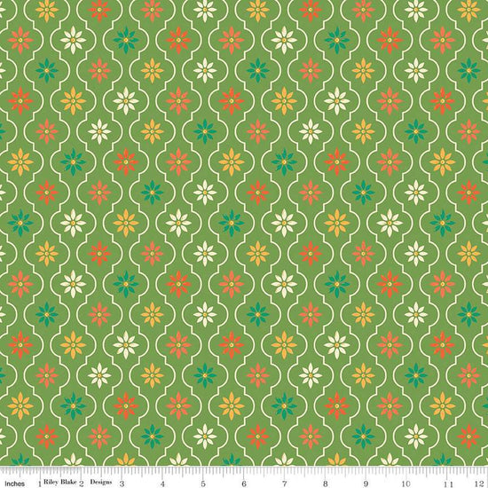 Image of the Autumn Afternoon Moroccan Tile Green quilting cotton fabric by Heather Peterson for Riley Blake Designs. Features a damask design with daisies on a green background. 
Cute Little Fabric Shop