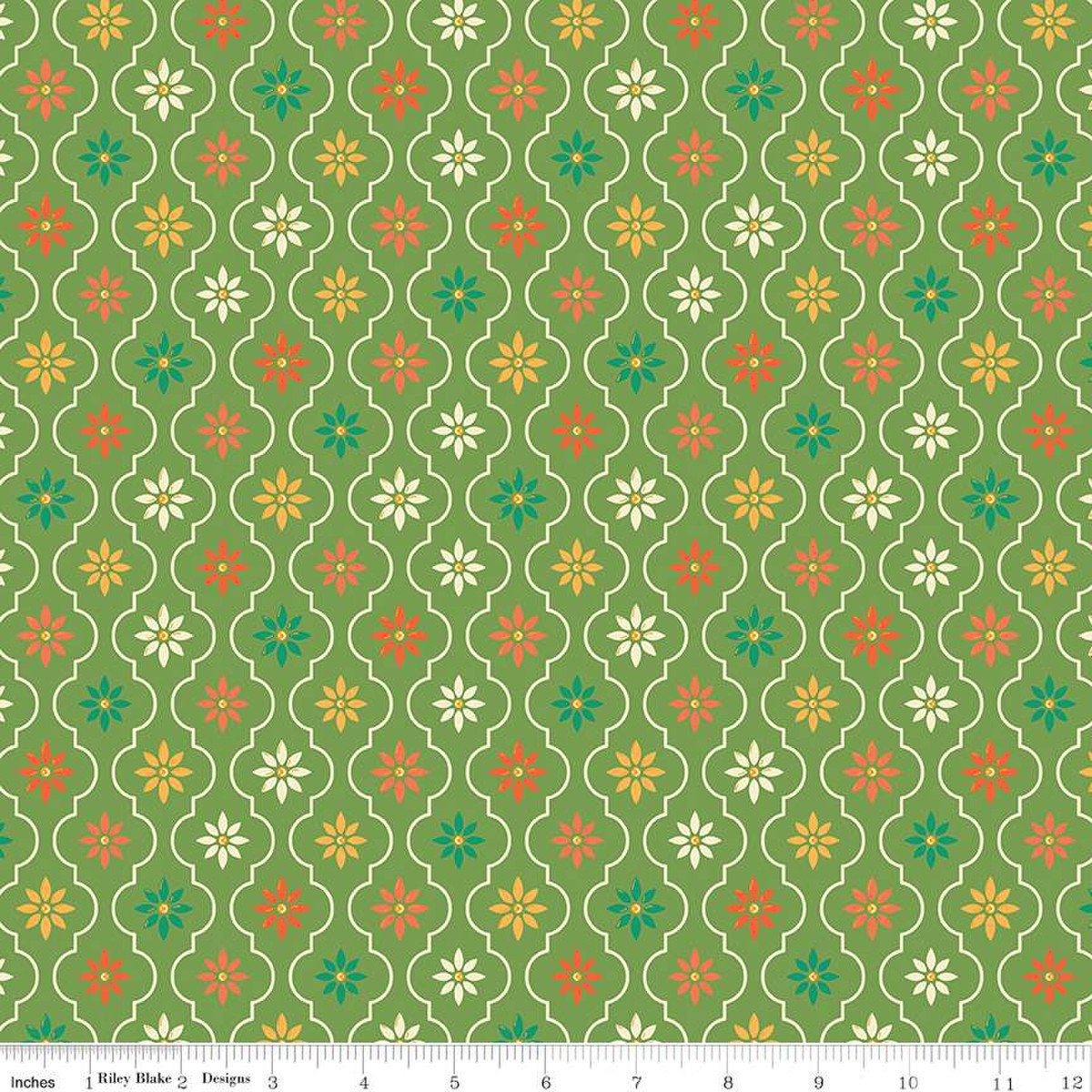 Image of the Autumn Afternoon Moroccan Tile Green quilting cotton fabric by Heather Peterson for Riley Blake Designs. Features a damask design with daisies on a green background. 
Cute Little Fabric Shop